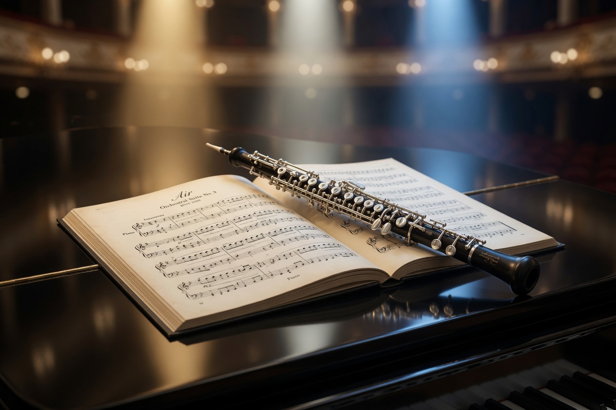 Photographic still life: modern oboe across an open score of Bach’s Air on a